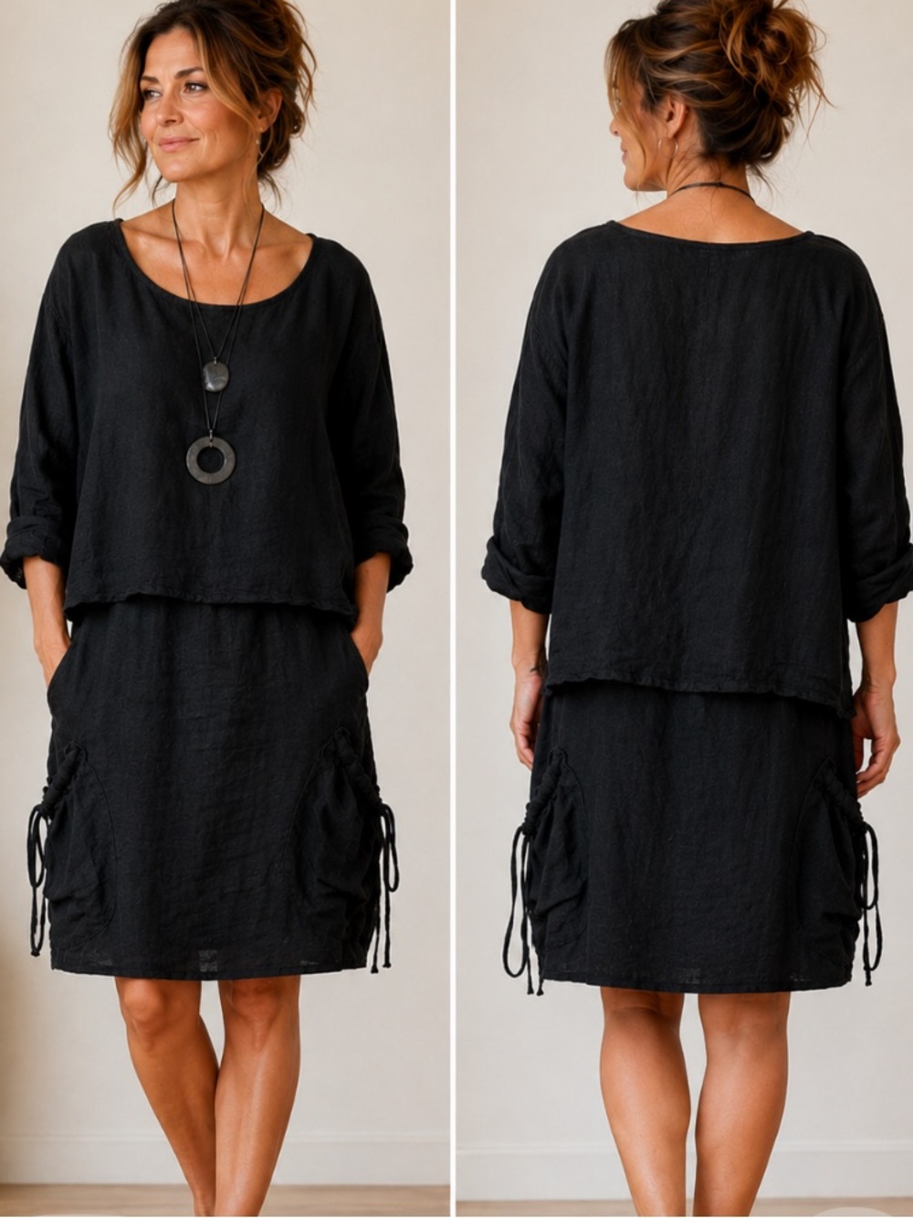 M Made in Italy 100% linen 2 piece-set Lagenlook Black Tunic Dress  and top